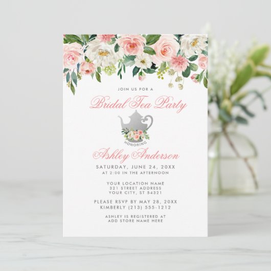 Blumenrosa Silver Tee Party Brautparty Einladung (Stehend Vorderseite)