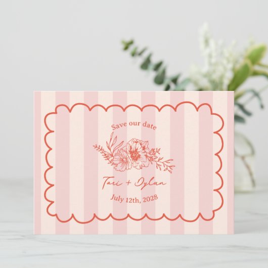 Blumenrosa Streifen Botanisches Save the Date Foto (Stehend Vorderseite)