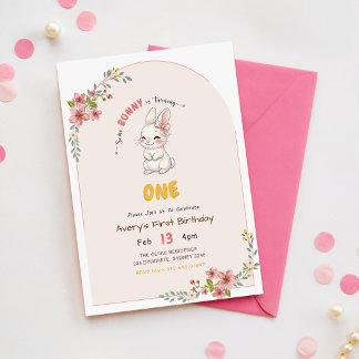 Blumenrosa süßer Hase 1. Geburtstag Einladung