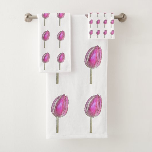 Blumenrosa Tulip Blume Bud Patterns Weiß Niedlich Badhandtuch Set (Insitu)