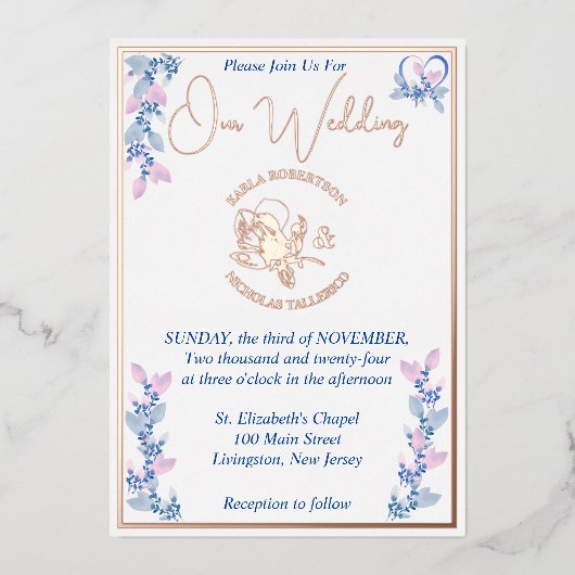 Blumenrosa und Blauer Hochzeitsfolien Einladung (Vorderseite)