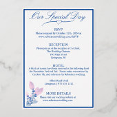 Blumenrosa und Blauer Hochzeitsfolien Einladung (Rückseite)