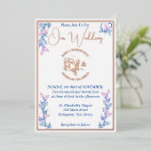 Blumenrosa und Blauer Hochzeitsfolien Einladung (Stehend vorne)