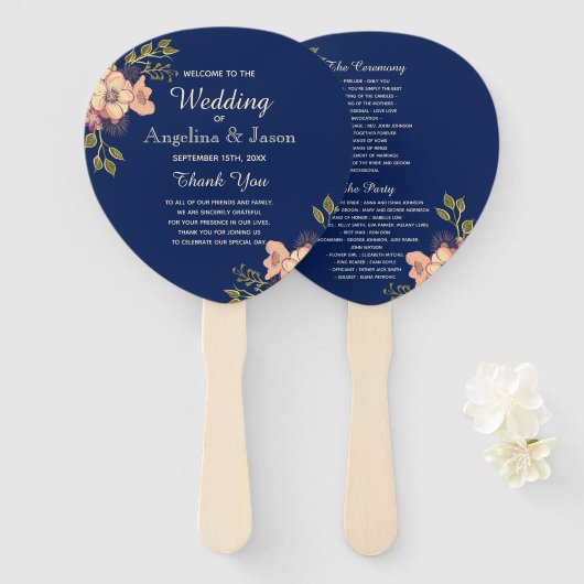 Blumenrosa und Blauer Hochzeitsprogramm Fächer (Vorne und Hinten)