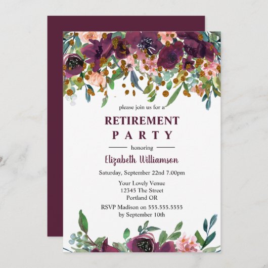 Blumenrosa und Burgunder-Party Einladung (Vorne/Hinten)