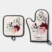 Blumenrosa und Burgundy Bloom Personalisiert Ofenhandschuh & Topflappen-Set (Vorderseite)