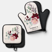 Blumenrosa und Burgundy Bloom Personalisiert Ofenhandschuh & Topflappen-Set (Vorderseite/Rückseite)