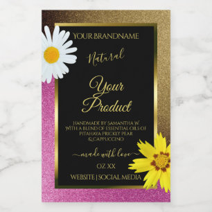 Blumenrosa und goldene Glitter-Schwarz-Produktetik Lebensmitteletikett