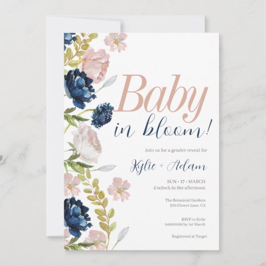 Blumenrosa und Navy Gender Reveal Baby Shower Einladung (Vorderseite)