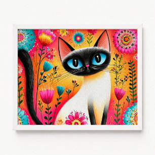 Blumenrosa und orangefarbene siamesische Katzenmal Poster