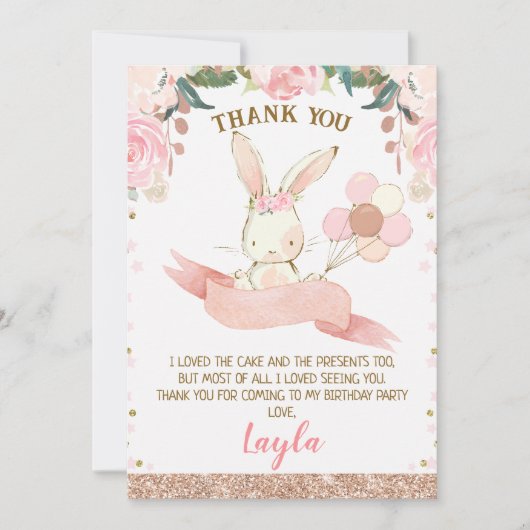 Blumenrosa und Rose Gold Bunny Danke Karte (Vorderseite)