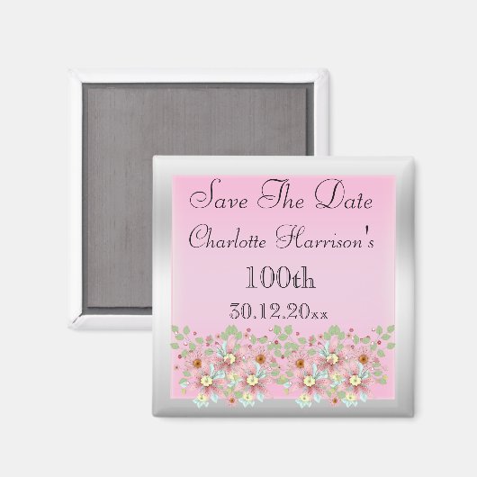 Blumenrosa und Silber Save the Date 100. Magnet (Vorderseite/Rückseite)