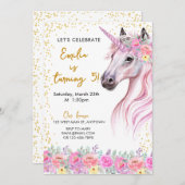 Blumenrosa Unicorn Geburtstag Einladung (Vorne/Hinten)