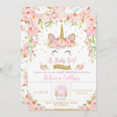 Blumenrosa Unicorn Kinderdusche Einladung Mädchen (Vorne/Hinten)