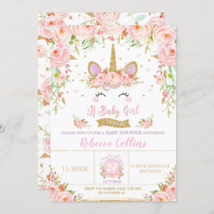 Blumenrosa Unicorn Kinderdusche Einladung Mädchen