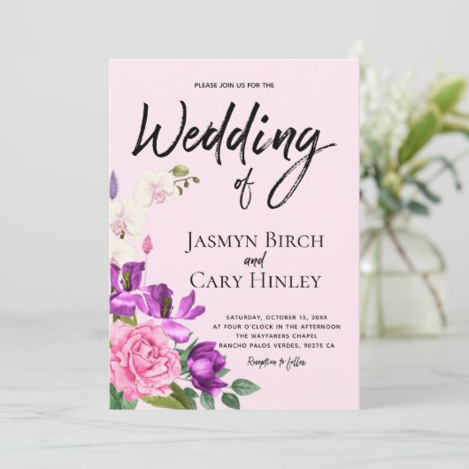Blumenrosa Violett Wasserfarbe Romantische Hochzei Einladung (Stehend Vorderseite)