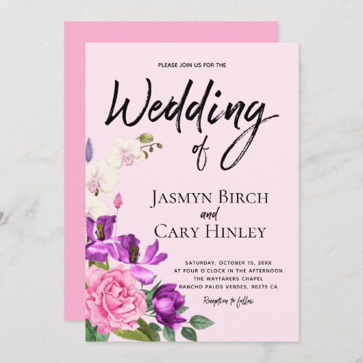 Blumenrosa Violett Wasserfarbe Romantische Hochzei Einladung (Vorne/Hinten)