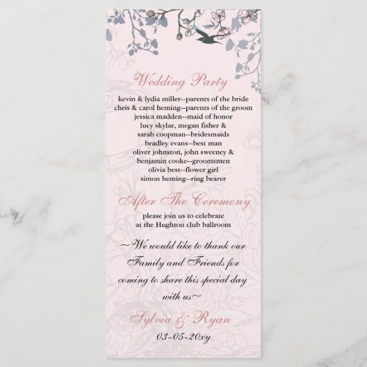 Blumenrosa Vogelkäfig, Liebesvögel Hochzeitsprogra Programm (Rückseite)