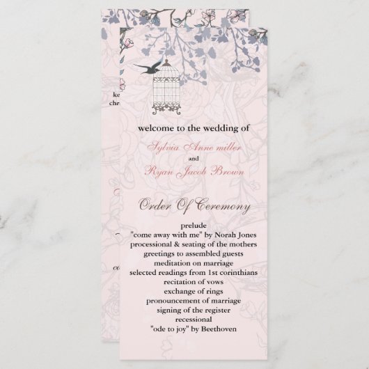 Blumenrosa Vogelkäfig, Liebesvögel Hochzeitsprogra Programm (Vorne/Hinten)