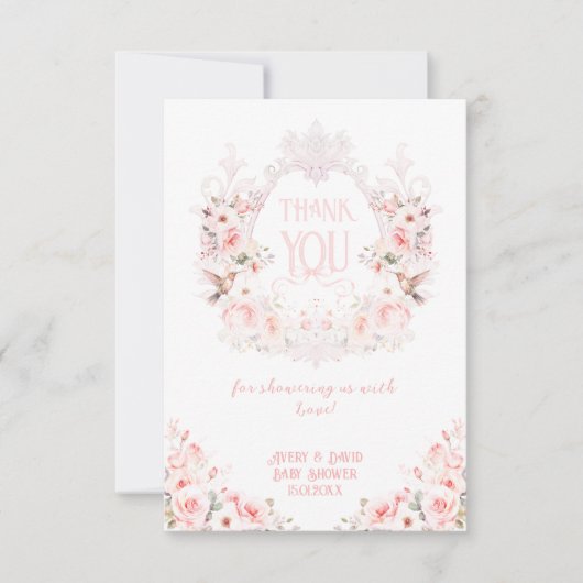 Blumenrosa Wappen Es ist eine Girl Baby Dusche Dankeskarte (Vorderseite)
