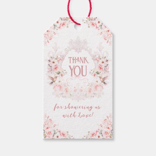 Blumenrosa Wappen Es ist eine Girl Baby Dusche Geschenkanhänger (Vorderseite)