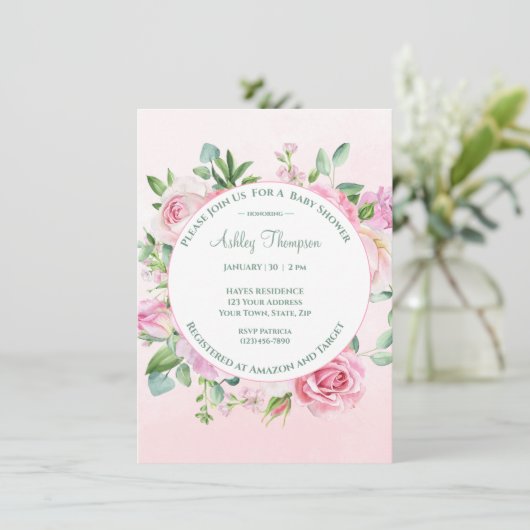 Blumenrosa Wasserfarben Girls Babydusche Einladung (Stehend Vorderseite)