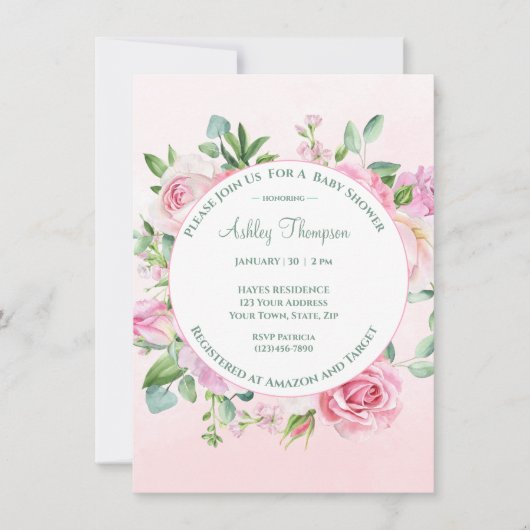 Blumenrosa Wasserfarben Girls Babydusche Einladung (Vorderseite)