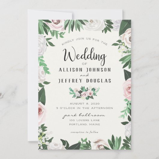 Blumenrosa, weiße grüne Hochzeitskarte Einladung (Vorderseite)