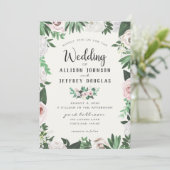 Blumenrosa, weiße grüne Hochzeitskarte Einladung (Stehend Vorderseite)
