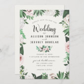 Blumenrosa, weiße grüne Hochzeitskarte Einladung (Vorne/Hinten)