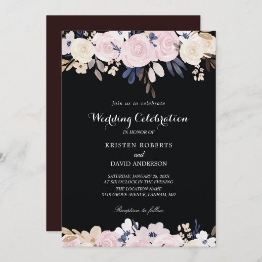 Blumenrosa, weiße und schwarze Einladungen zur Hoc (Vorne/Hinten)