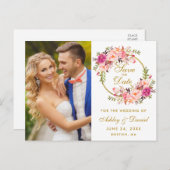 Blumenrosa Wreath Gold Save the Date Foto Postkarte (Vorne/Hinten)