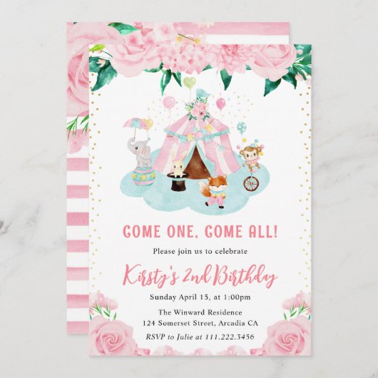 Blumenrosa Zirkus Geburt Einladung (Vorne/Hinten)