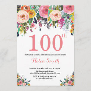 Blumenrosa zum 100. Geburtstag Einladung