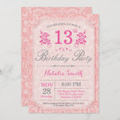 Blumenrosa zum 13. Geburtstag Einladung (Vorne/Hinten)