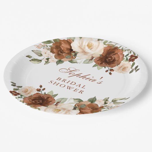 Blumenrost Peach Greenerity Gold Brautparty Pappteller (Schrägansicht)