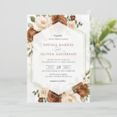 Blumenrost Peach Greenerity Gold Geometrische Hoch Einladung (Stehend Vorderseite)