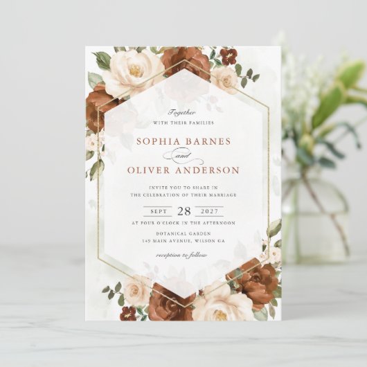 Blumenrost Peach Greenerity Gold Geometrische Hoch Einladung (Stehend Vorderseite)