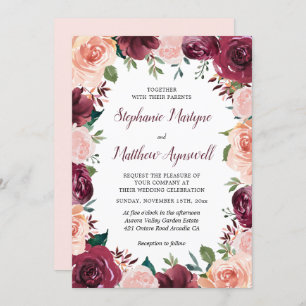 Blumenrot Burgundy Rose Border Wedding Einladung