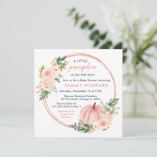 Blumenrot Pink Pumpkin Baby Dusche Einladung (Stehend Vorderseite)