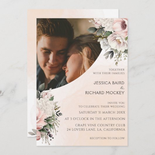 Blumenrot Rosa Hochzeitsfeier Foto Einladung (Vorne/Hinten)