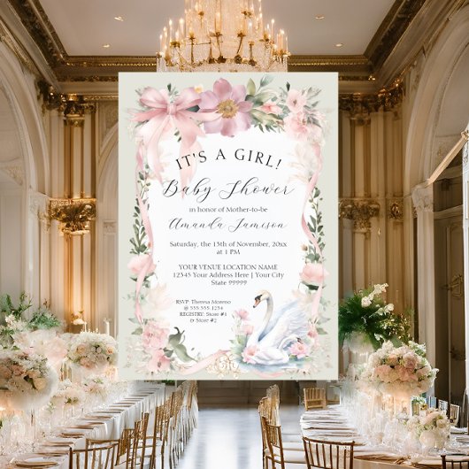 Blumenrot Rosa Ribbon Elegante Schwan Babydusche Einladung