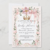 Blumenrot Rosa Ribbon Gold Crown Baby Dusche Einladung (Vorderseite)