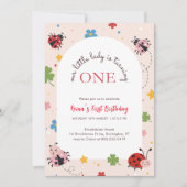 Blumenrot Rosa Süßer Käfer Marienkäfer 1. Geburtst Einladung (Vorderseite)