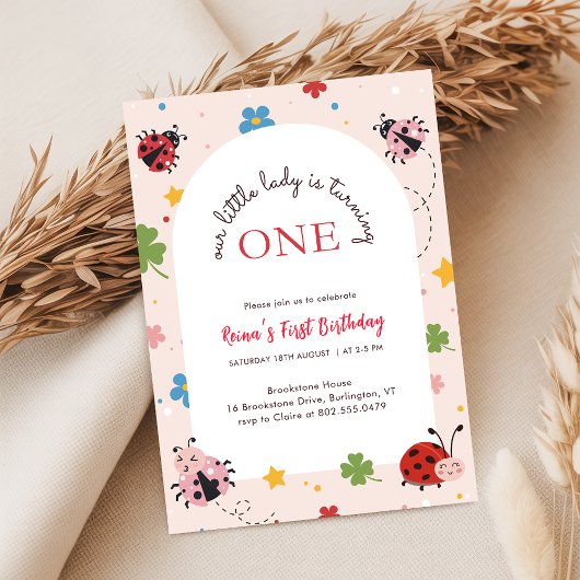 Blumenrot Rosa Süßer Käfer Marienkäfer 1. Geburtst Einladung