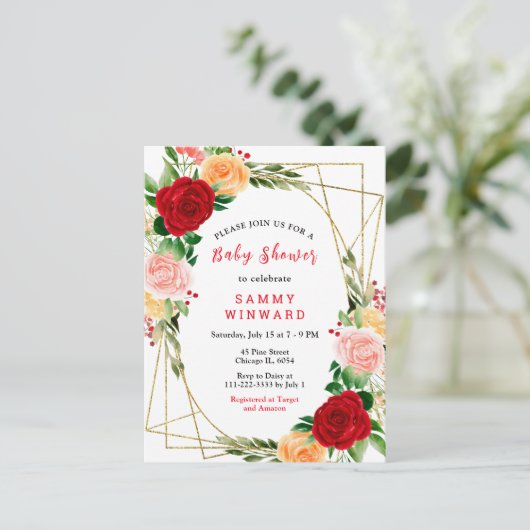 Blumenrot und orangefarbene Rose Babydusche Postkarte (Stehend Vorderseite)