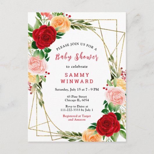 Blumenrot und orangefarbene Rose Babydusche Postkarte (Vorderseite)