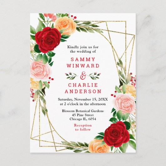 Blumenrot und orangefarbene Rose Hochzeit Postkarte (Vorderseite)