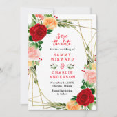 Blumenrot und orangefarbene Rose Hochzeit Save The Date (Vorderseite)