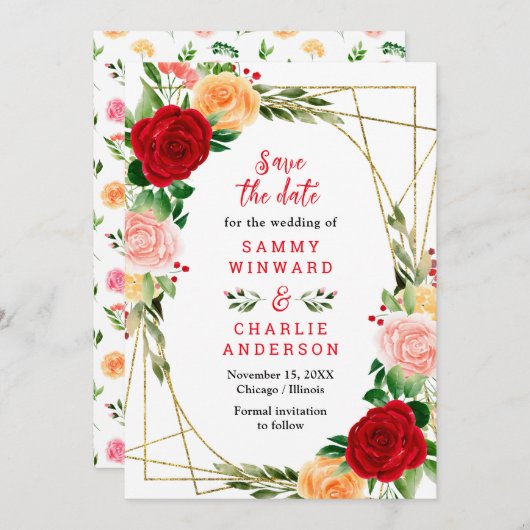 Blumenrot und orangefarbene Rose Hochzeit Save The Date (Vorne/Hinten)